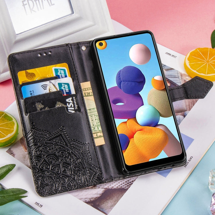 For Samsung A21 (US Version) Halfway Mandala Embossing Pattern Horizontal Flip PU Leather Case with Card Slots & Holder & Wallet