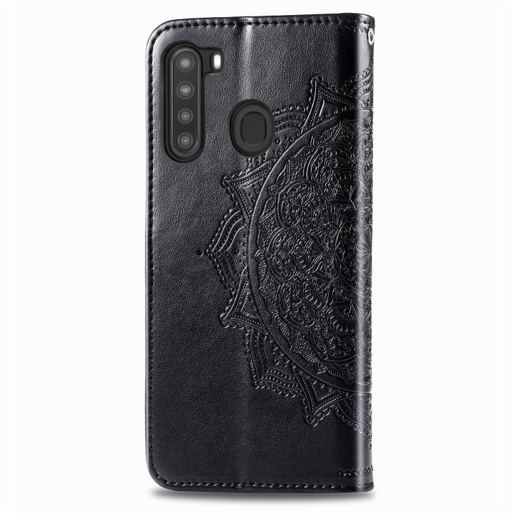 For Samsung A21 (US Version) Halfway Mandala Embossing Pattern Horizontal Flip PU Leather Case with Card Slots & Holder & Wallet