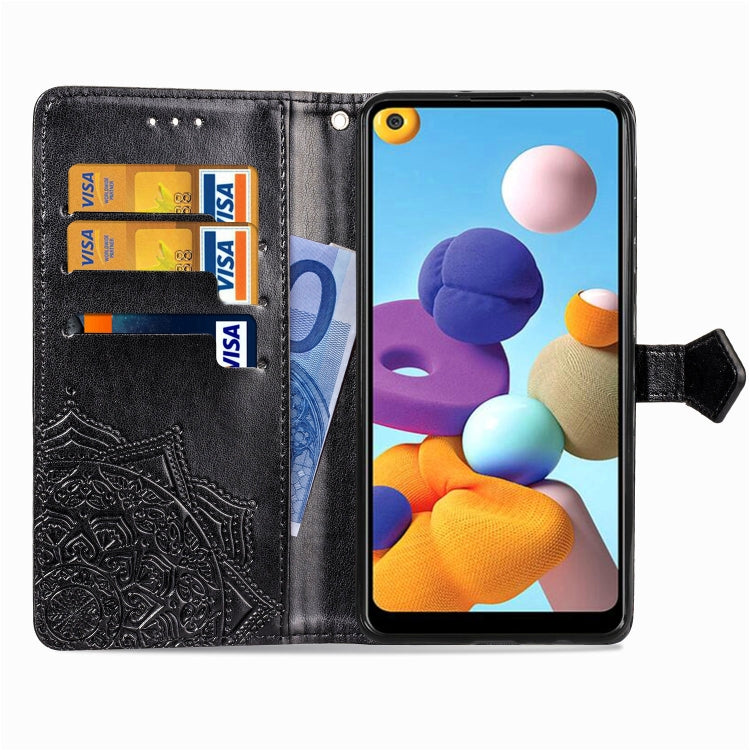 For Samsung A21 (US Version) Halfway Mandala Embossing Pattern Horizontal Flip PU Leather Case with Card Slots & Holder & Wallet