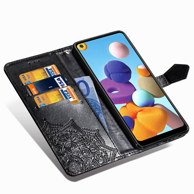 For Samsung A21 (US Version) Halfway Mandala Embossing Pattern Horizontal Flip PU Leather Case with Card Slots & Holder & Wallet