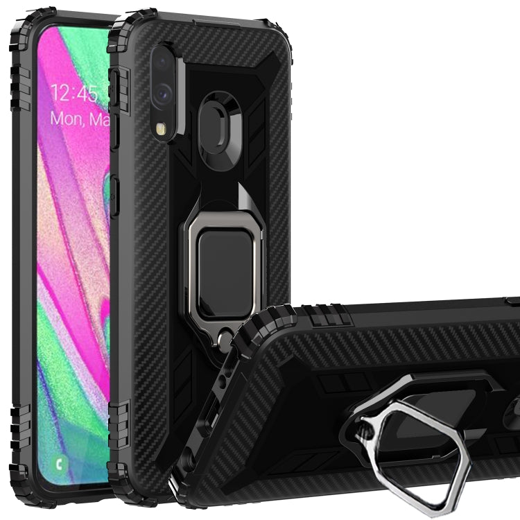 For Samsung Galaxy A20e Carbon Fiber Protective Case with 360 Degree Rotating Ring Holder