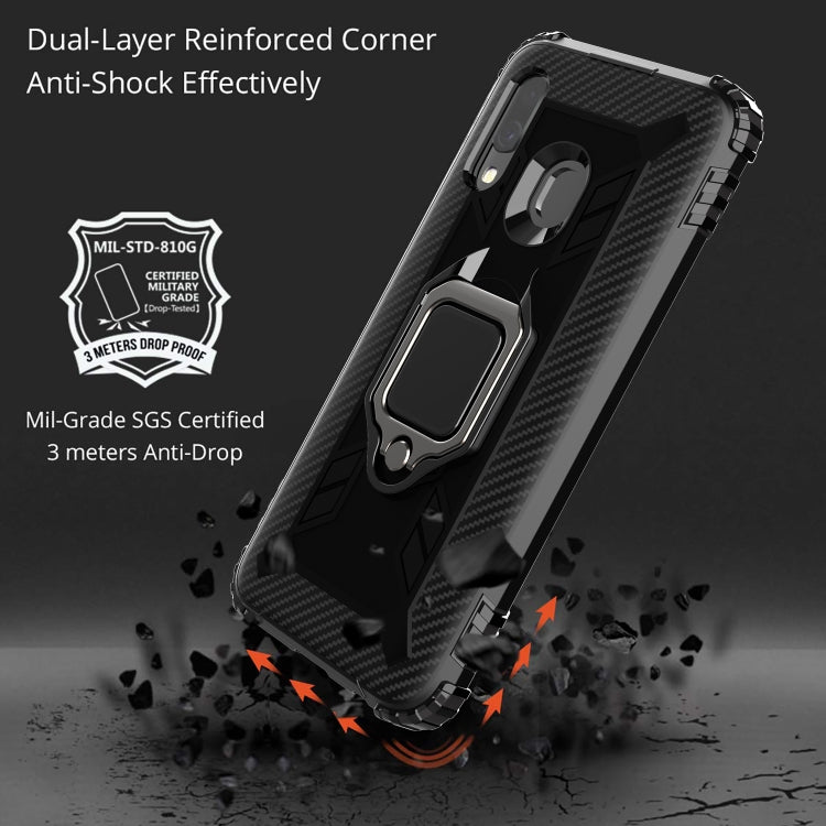 For Samsung Galaxy A20e Carbon Fiber Protective Case with 360 Degree Rotating Ring Holder