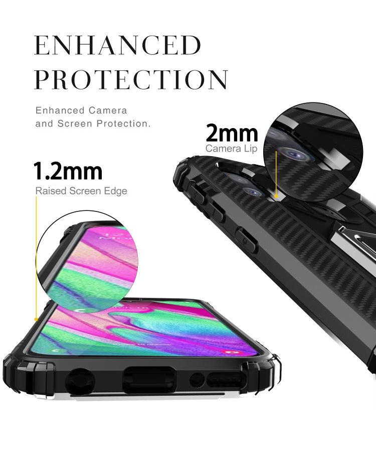 For Samsung Galaxy A20e Carbon Fiber Protective Case with 360 Degree Rotating Ring Holder