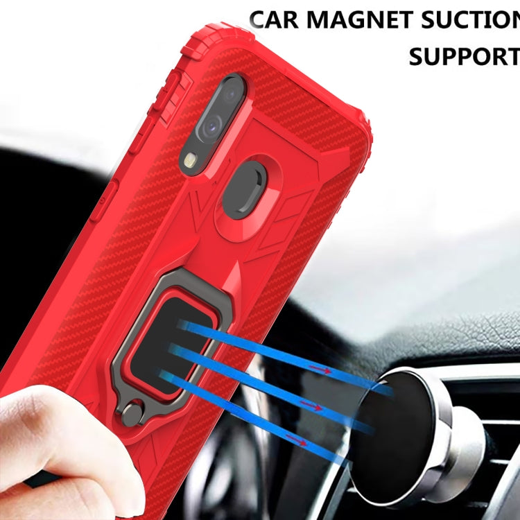 For Samsung Galaxy A20e Carbon Fiber Protective Case with 360 Degree Rotating Ring Holder