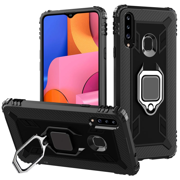 For Samsung Galaxy A70e Carbon Fiber Protective Case with 360 Degree Rotating Ring Holder