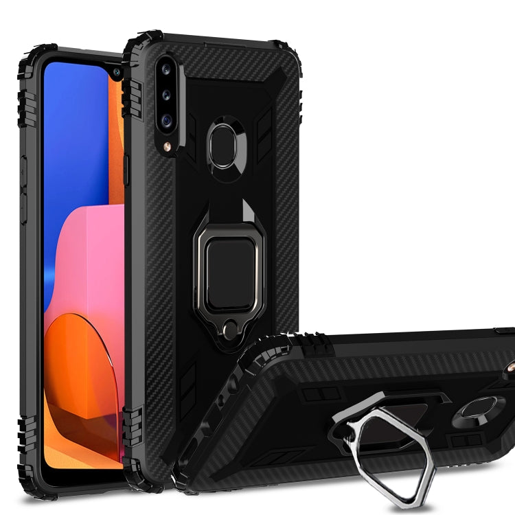 For Samsung Galaxy A70e Carbon Fiber Protective Case with 360 Degree Rotating Ring Holder