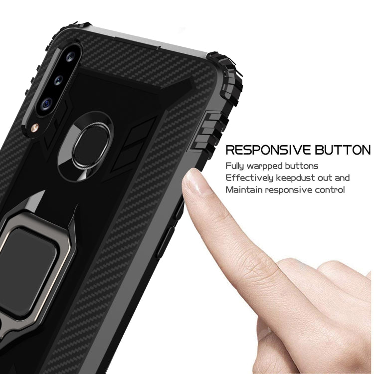 For Samsung Galaxy A70e Carbon Fiber Protective Case with 360 Degree Rotating Ring Holder
