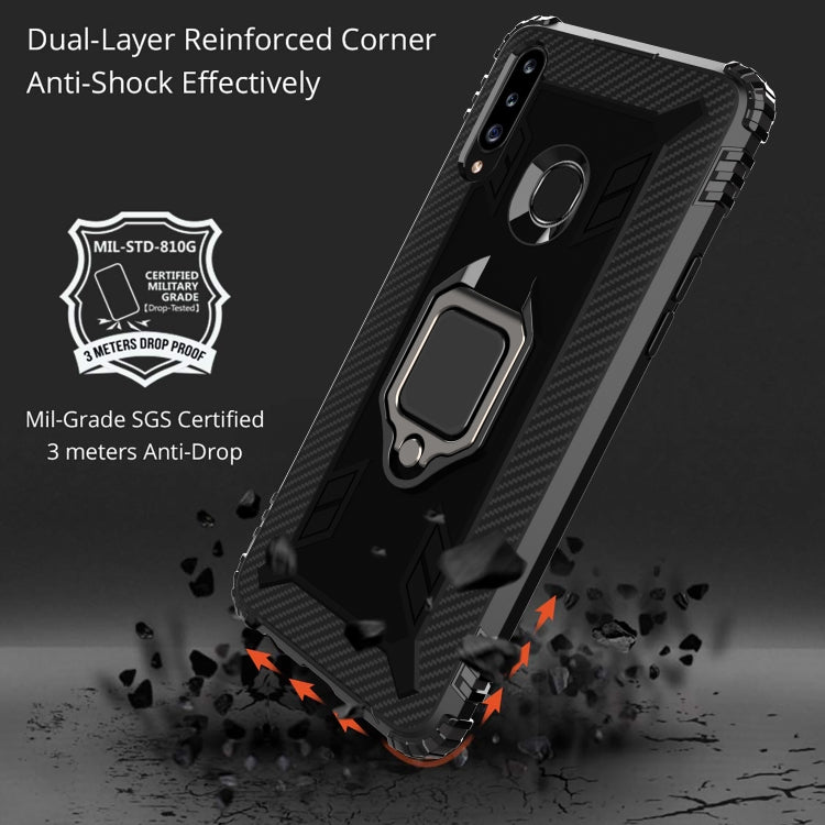 For Samsung Galaxy A70e Carbon Fiber Protective Case with 360 Degree Rotating Ring Holder
