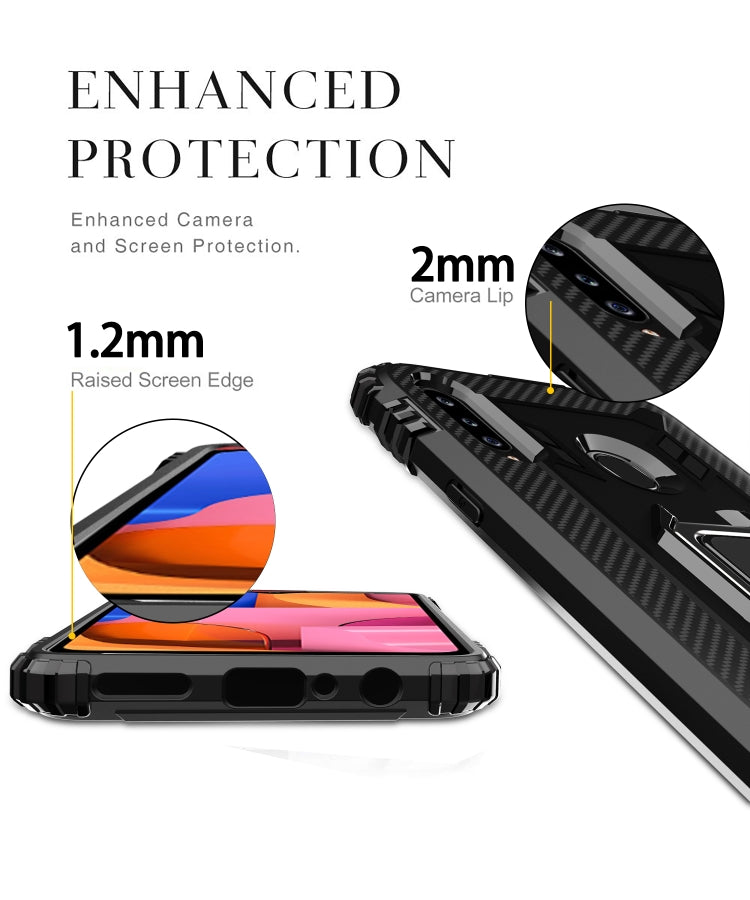 For Samsung Galaxy A70e Carbon Fiber Protective Case with 360 Degree Rotating Ring Holder