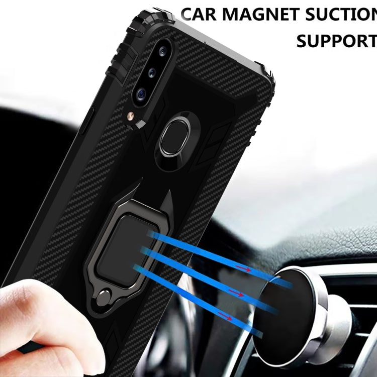 For Samsung Galaxy A70e Carbon Fiber Protective Case with 360 Degree Rotating Ring Holder