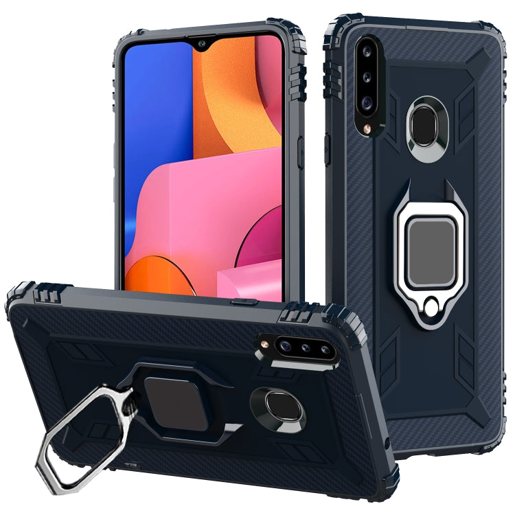 For Samsung Galaxy A70e Carbon Fiber Protective Case with 360 Degree Rotating Ring Holder