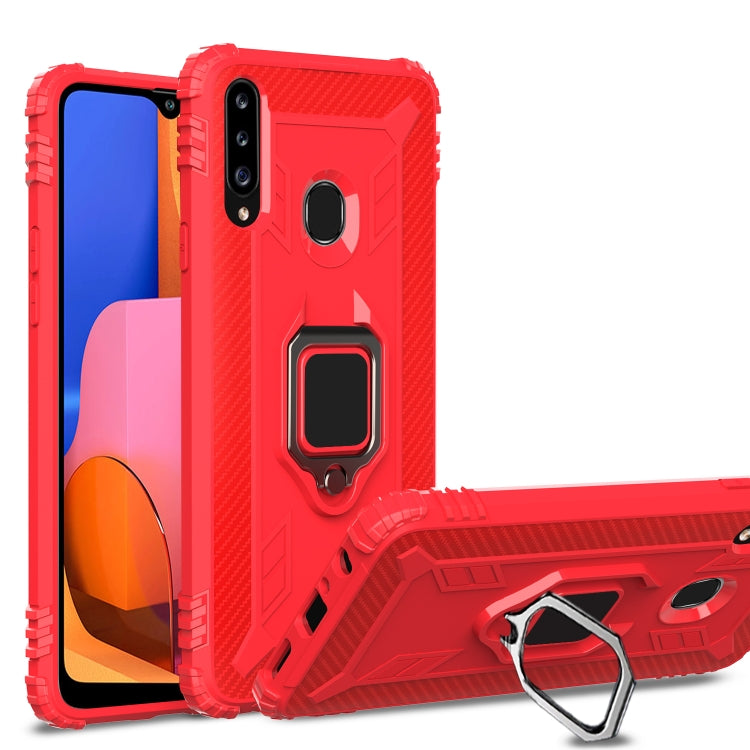 For Samsung Galaxy A70e Carbon Fiber Protective Case with 360 Degree Rotating Ring Holder