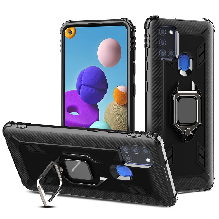 For Samsung Galaxy M31 Carbon Fiber Protective Case with 360 Degree Rotating Ring Holder