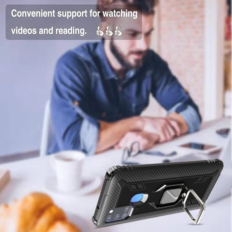 For Samsung Galaxy M31 Carbon Fiber Protective Case with 360 Degree Rotating Ring Holder