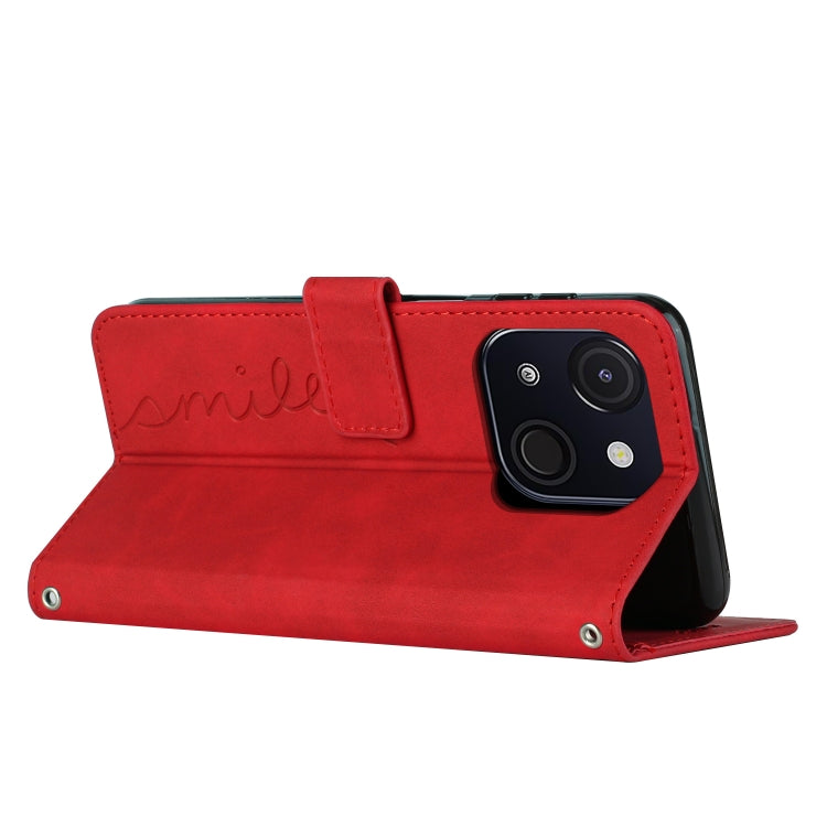 For itel A50C Skin Feel Heart Embossed Leather Phone Case with Long Lanyard