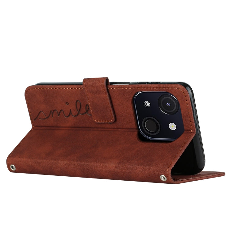 For itel A50C Skin Feel Heart Embossed Leather Phone Case with Long Lanyard