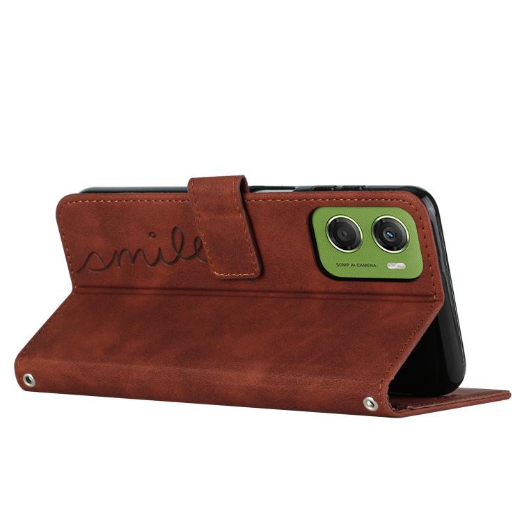 For Motorola Moto G06 4G Skin Feel Heart Embossed Leather Phone Case with Long Lanyard