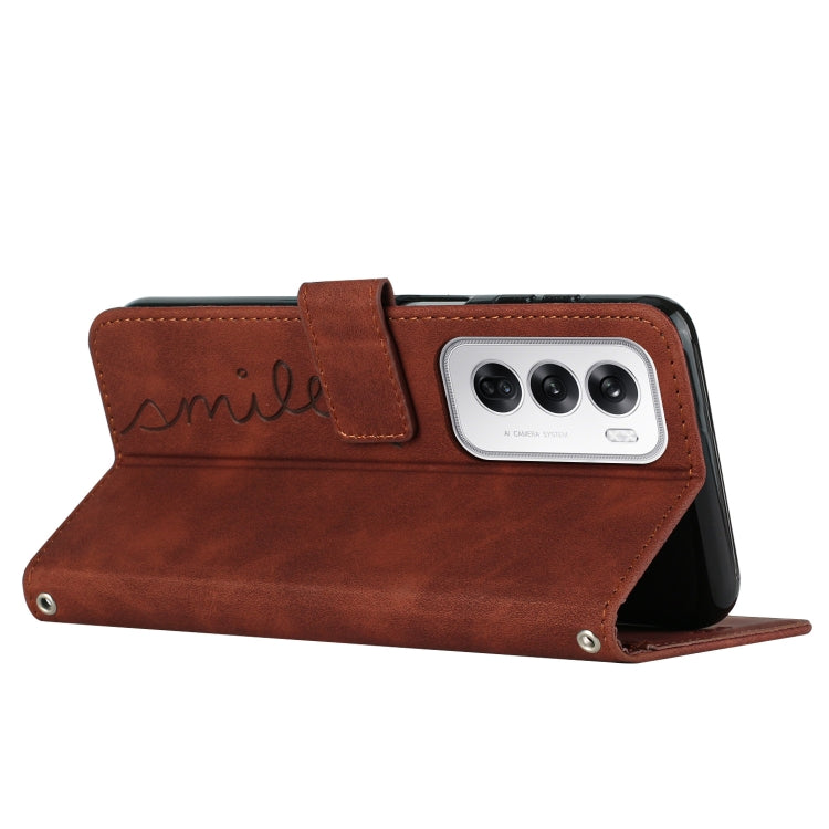 For OPPO Reno12 5G Global Skin Feel Heart Embossed Leather Phone Case with Long Lanyard