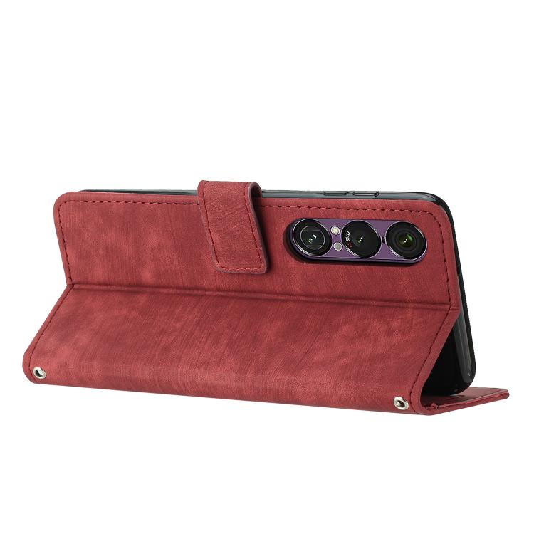 For Sony Xperia 1 VII Skin Feel Stripe Pattern Leather Phone Case with Lanyard