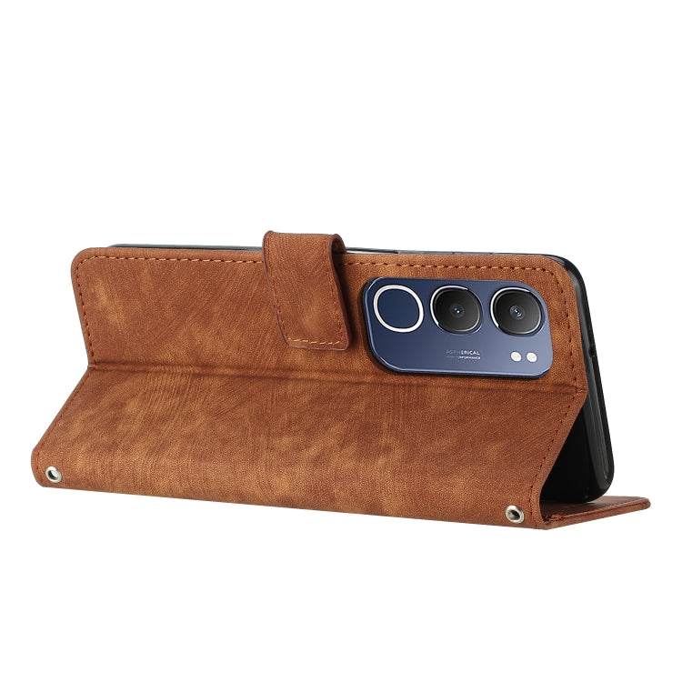 For vivo Y19s Skin Feel Stripe Pattern Leather Phone Case with Lanyard