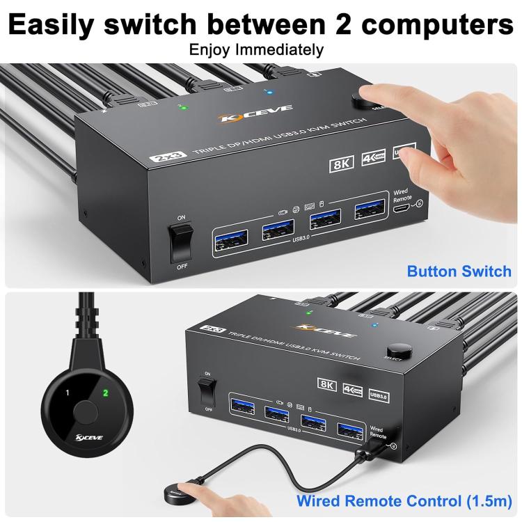 KC-KVM203DH 8K 30Hz USB3.0 DP+DP+HDMI Triple Monitors KVM Switch, US Plug