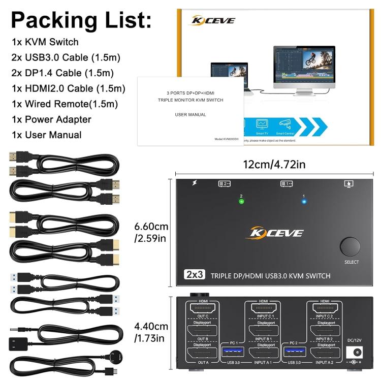 KC-KVM203DH 8K 30Hz USB3.0 DP+DP+HDMI Triple Monitors KVM Switch, US Plug