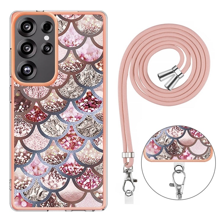 For Samsung Galaxy S25 Ultra 5G Electroplating Pattern IMD TPU Shockproof Case with Neck Lanyard