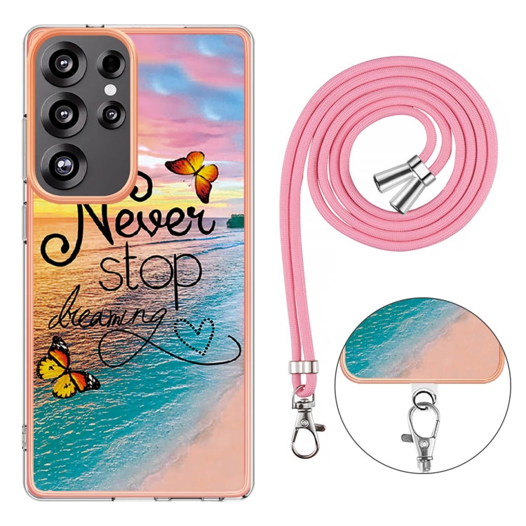 For Samsung Galaxy S25 Ultra 5G Electroplating Pattern IMD TPU Shockproof Case with Neck Lanyard