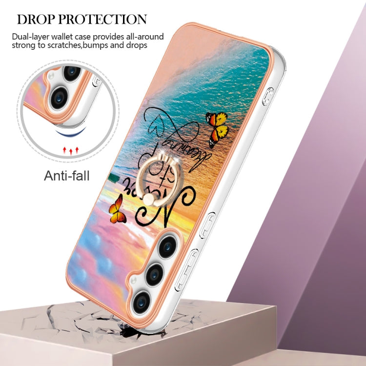 For Samsung Galaxy S24 FE 5G Electroplating Pattern IMD TPU Shockproof Case with Rhinestone Ring Holder