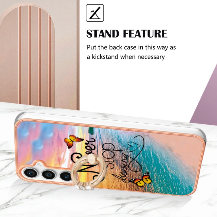 For Samsung Galaxy S24 FE 5G Electroplating Pattern IMD TPU Shockproof Case with Rhinestone Ring Holder