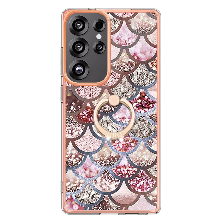 For Samsung Galaxy S25 Ultra 5G Electroplating Pattern IMD TPU Shockproof Case with Rhinestone Ring Holder