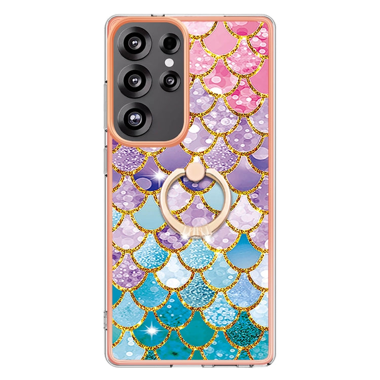 For Samsung Galaxy S25 Ultra 5G Electroplating Pattern IMD TPU Shockproof Case with Rhinestone Ring Holder