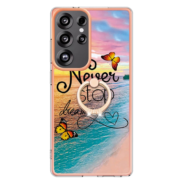 For Samsung Galaxy S25 Ultra 5G Electroplating Pattern IMD TPU Shockproof Case with Rhinestone Ring Holder