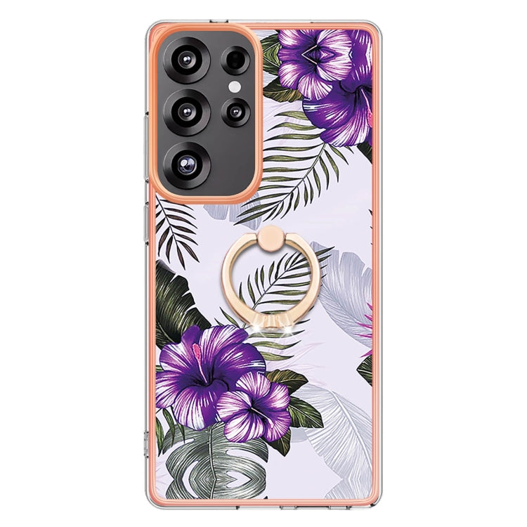 For Samsung Galaxy S25 Ultra 5G Electroplating Pattern IMD TPU Shockproof Case with Rhinestone Ring Holder