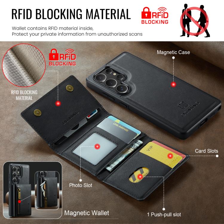 For Samsung Galaxy S25 Ultra 5G DG.MING M5 Series Zip RFID Multi Card Detachable Leather Phone Case