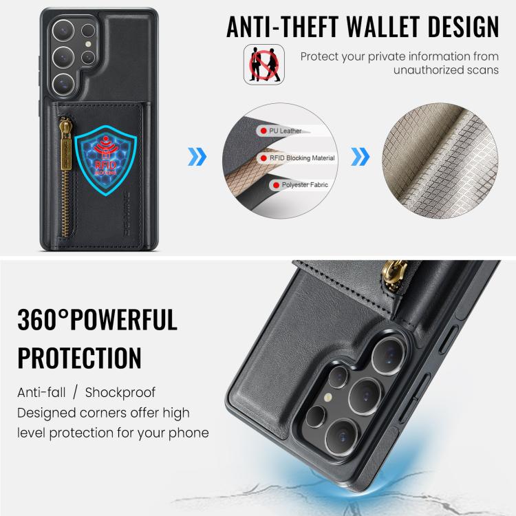 For Samsung Galaxy S25 Ultra 5G DG.MING M5 Series Zip RFID Multi Card Detachable Leather Phone Case