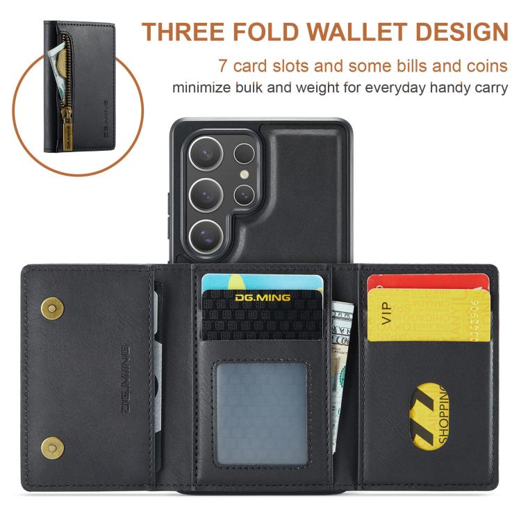 For Samsung Galaxy S25 Ultra 5G DG.MING M5 Series Zip RFID Multi Card Detachable Leather Phone Case