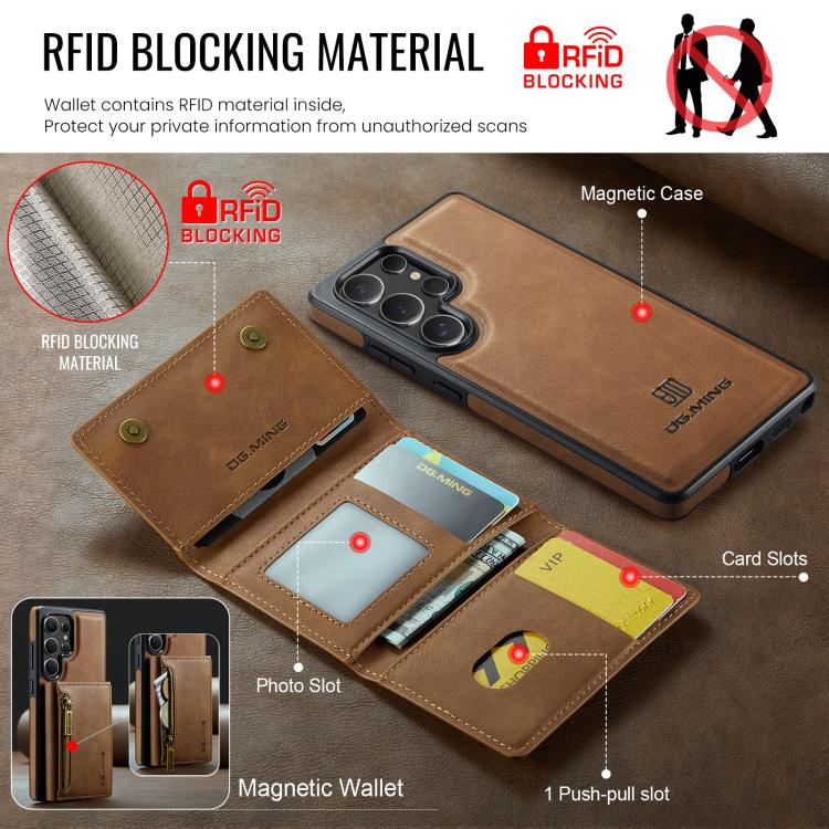 For Samsung Galaxy S25 Ultra 5G DG.MING M5 Series Zip RFID Multi Card Detachable Leather Phone Case