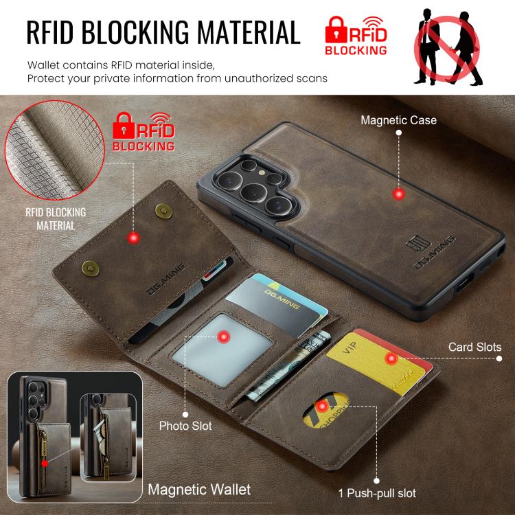 For Samsung Galaxy S25 Ultra 5G DG.MING M5 Series Zip RFID Multi Card Detachable Leather Phone Case