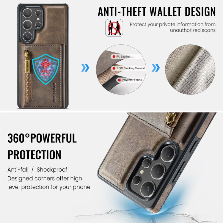 For Samsung Galaxy S25 Ultra 5G DG.MING M5 Series Zip RFID Multi Card Detachable Leather Phone Case