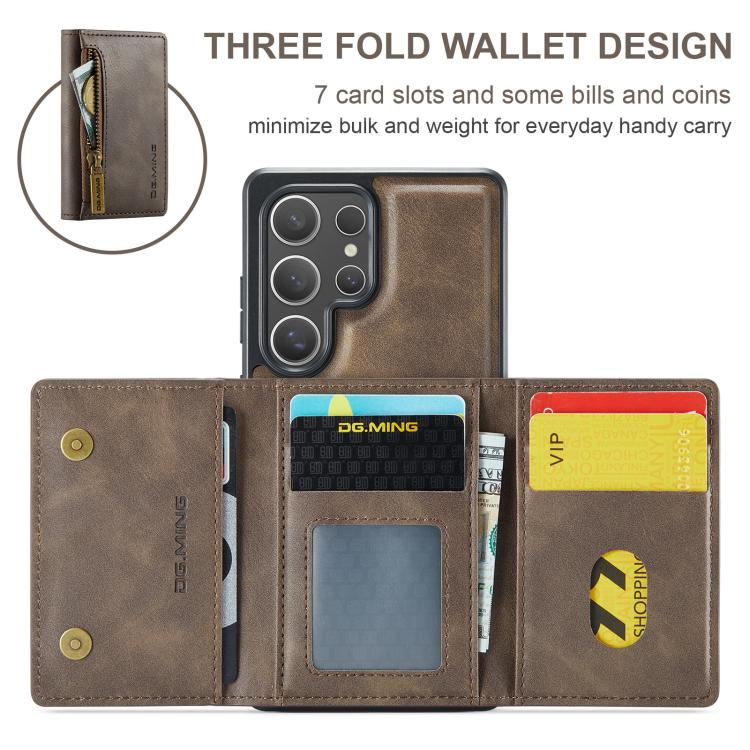 For Samsung Galaxy S25 Ultra 5G DG.MING M5 Series Zip RFID Multi Card Detachable Leather Phone Case