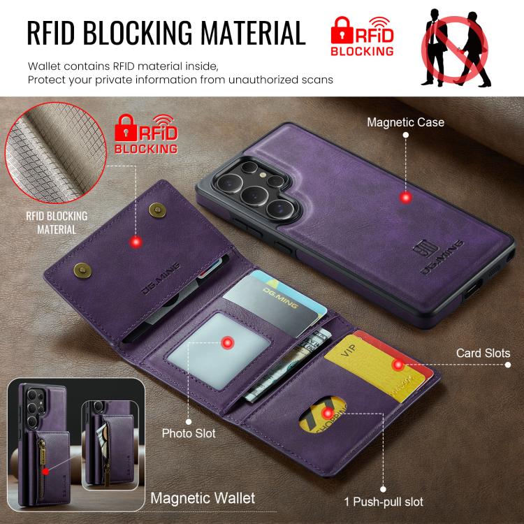 For Samsung Galaxy S25 Ultra 5G DG.MING M5 Series Zip RFID Multi Card Detachable Leather Phone Case