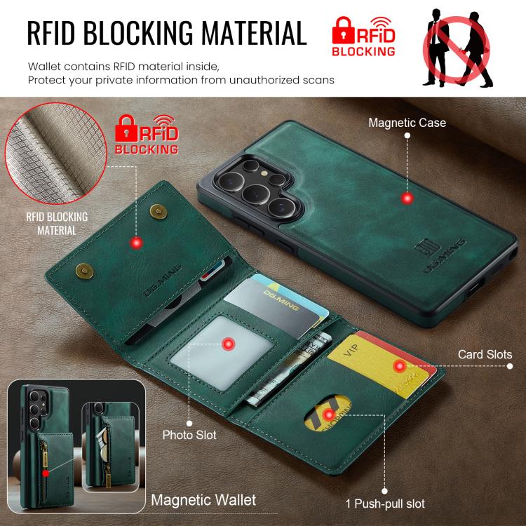 For Samsung Galaxy S25 Ultra 5G DG.MING M5 Series Zip RFID Multi Card Detachable Leather Phone Case