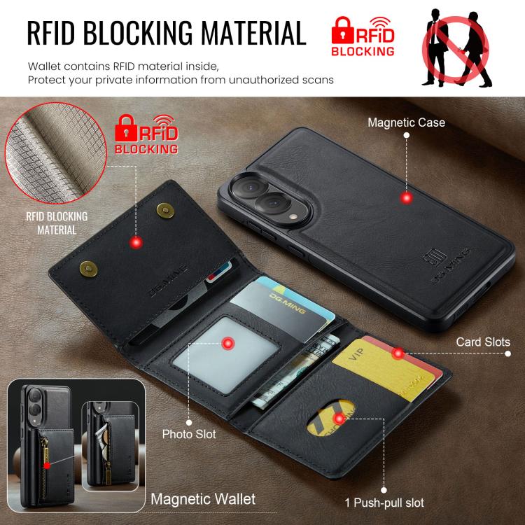 For Samsung Galaxy S25 Edge 5G DG.MING M5 Series Zip RFID Multi Card Detachable Leather Phone Case