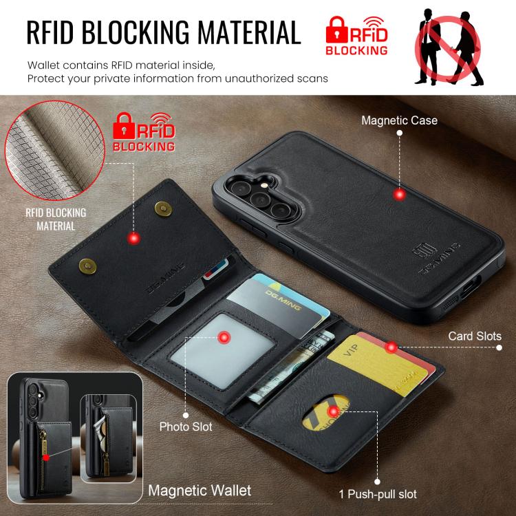 For Samsung Galaxy S25 FE 5G DG.MING M5 Series Zip RFID Multi Card Detachable Leather Phone Case