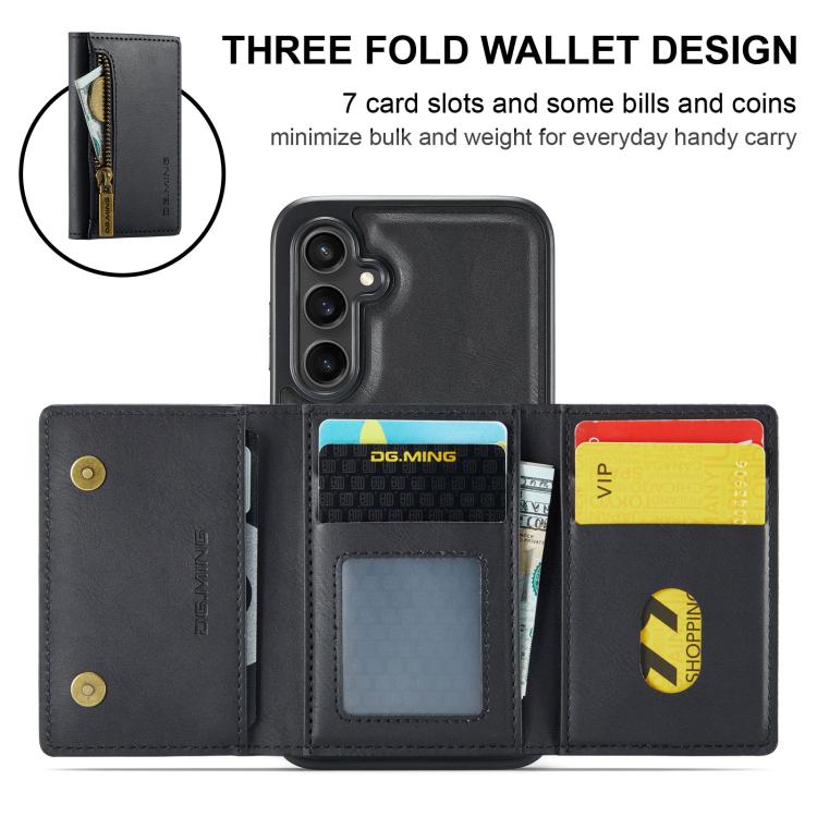 For Samsung Galaxy S25 FE 5G DG.MING M5 Series Zip RFID Multi Card Detachable Leather Phone Case