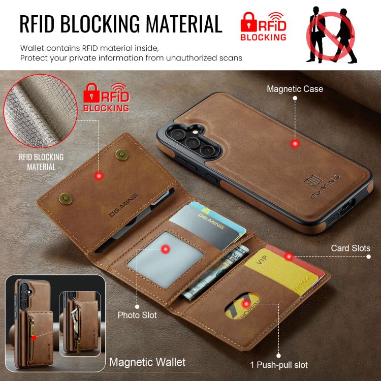 For Samsung Galaxy S25 FE 5G DG.MING M5 Series Zip RFID Multi Card Detachable Leather Phone Case