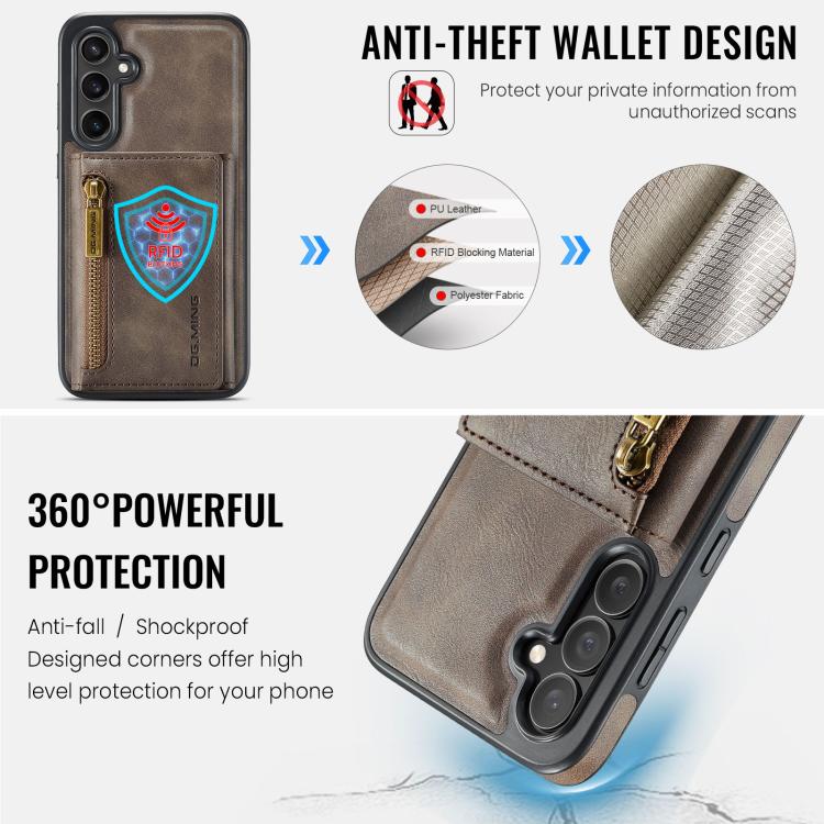 For Samsung Galaxy S25 FE 5G DG.MING M5 Series Zip RFID Multi Card Detachable Leather Phone Case