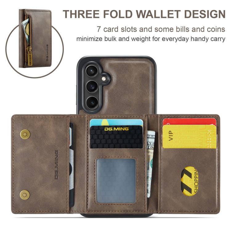 For Samsung Galaxy S25 FE 5G DG.MING M5 Series Zip RFID Multi Card Detachable Leather Phone Case