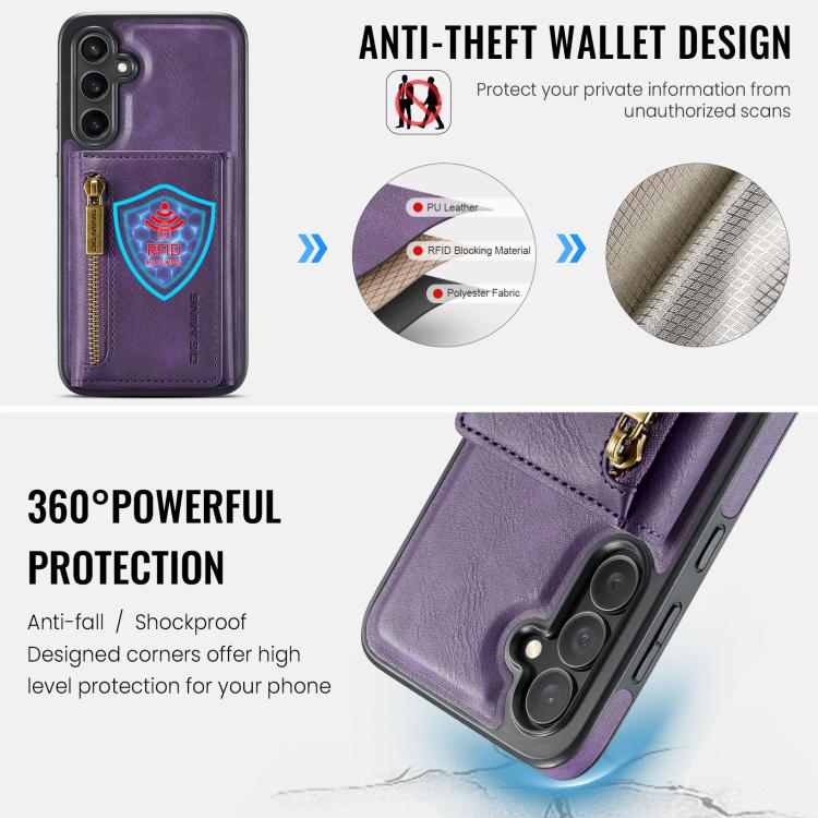 For Samsung Galaxy S25 FE 5G DG.MING M5 Series Zip RFID Multi Card Detachable Leather Phone Case